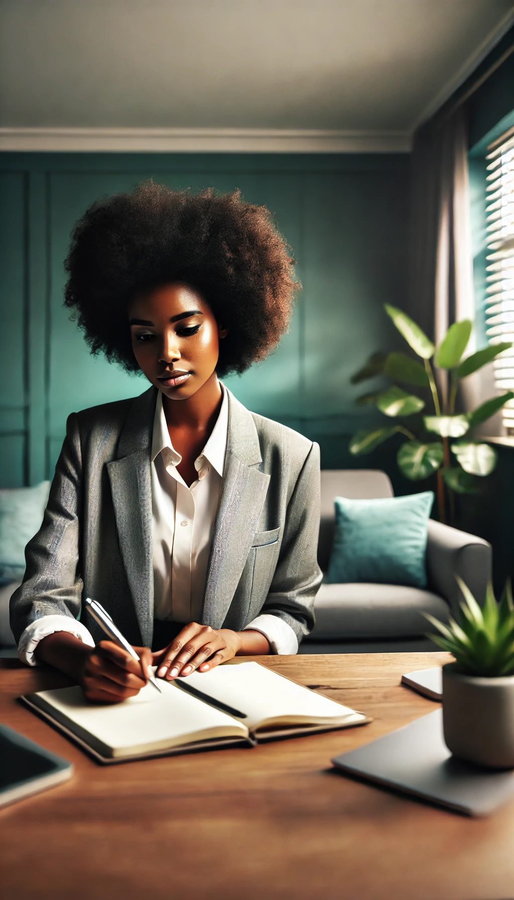 A Black female therapist writing in a notebook in a modern office with blue, gray, gold, and white tones.