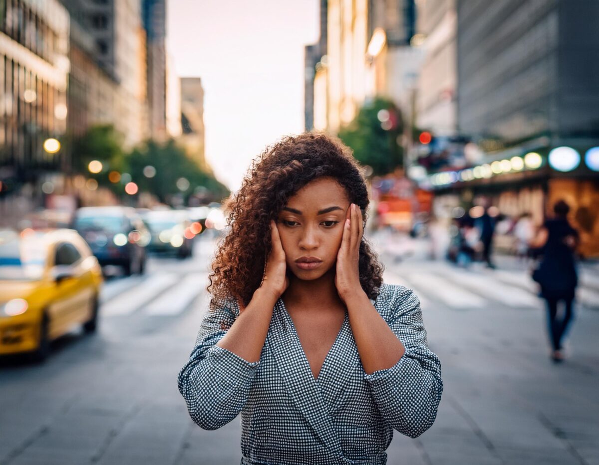 Crisis support for Stressed woman standing in the middle of a busy street, overwhelmed by anxiety and distress