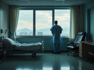 A patient standing and looking out the window in a hospital room.