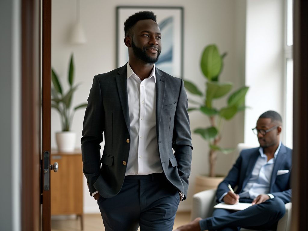 Client walking out of an office with a calm expression while a Black male therapist writes notes.