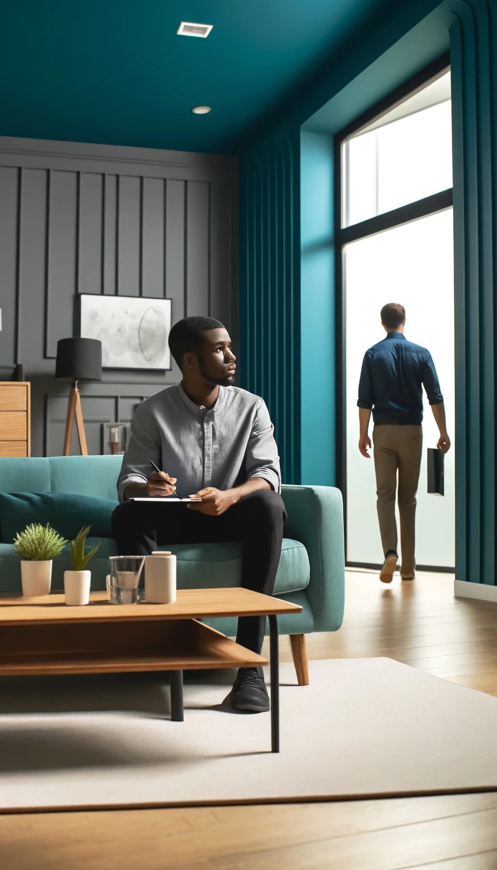 A black male therapist sitting on a couch, writing notes, while a client walks out of the office.