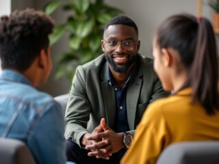 Black male therapist working with adolescents in a group therapy setting.