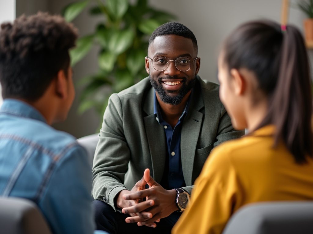 Black male therapist working with adolescents in a group therapy setting.