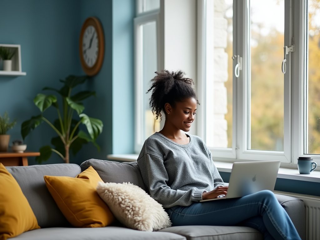 A diverse woman of color sitting by the window in a modern living room, using a laptop with a coffee cup nearby. The room features a color palette of blue, white, gold, and gray.