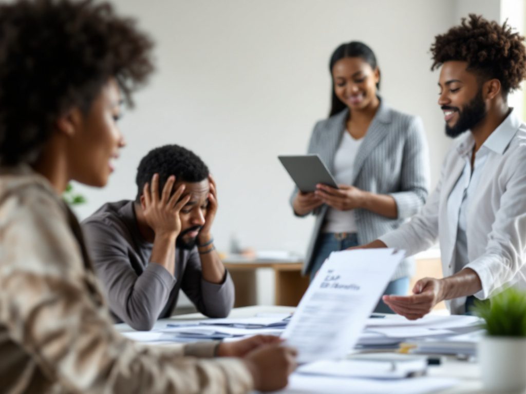 Side view of a diverse group of individuals in an office, with one person looking overwhelmed at a desk, and an HR representative handing over a document labeled 'EAP Benefits'.