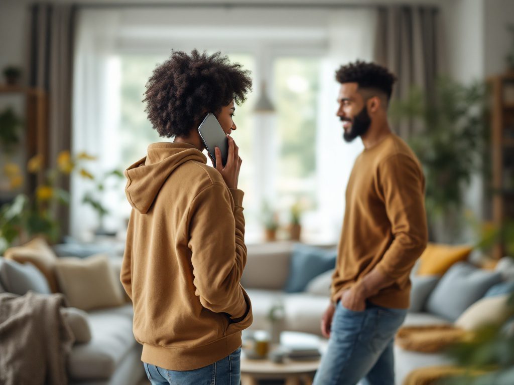 More blurred image of a diverse couple in a modern living room, with one partner on the phone and the other walking away.